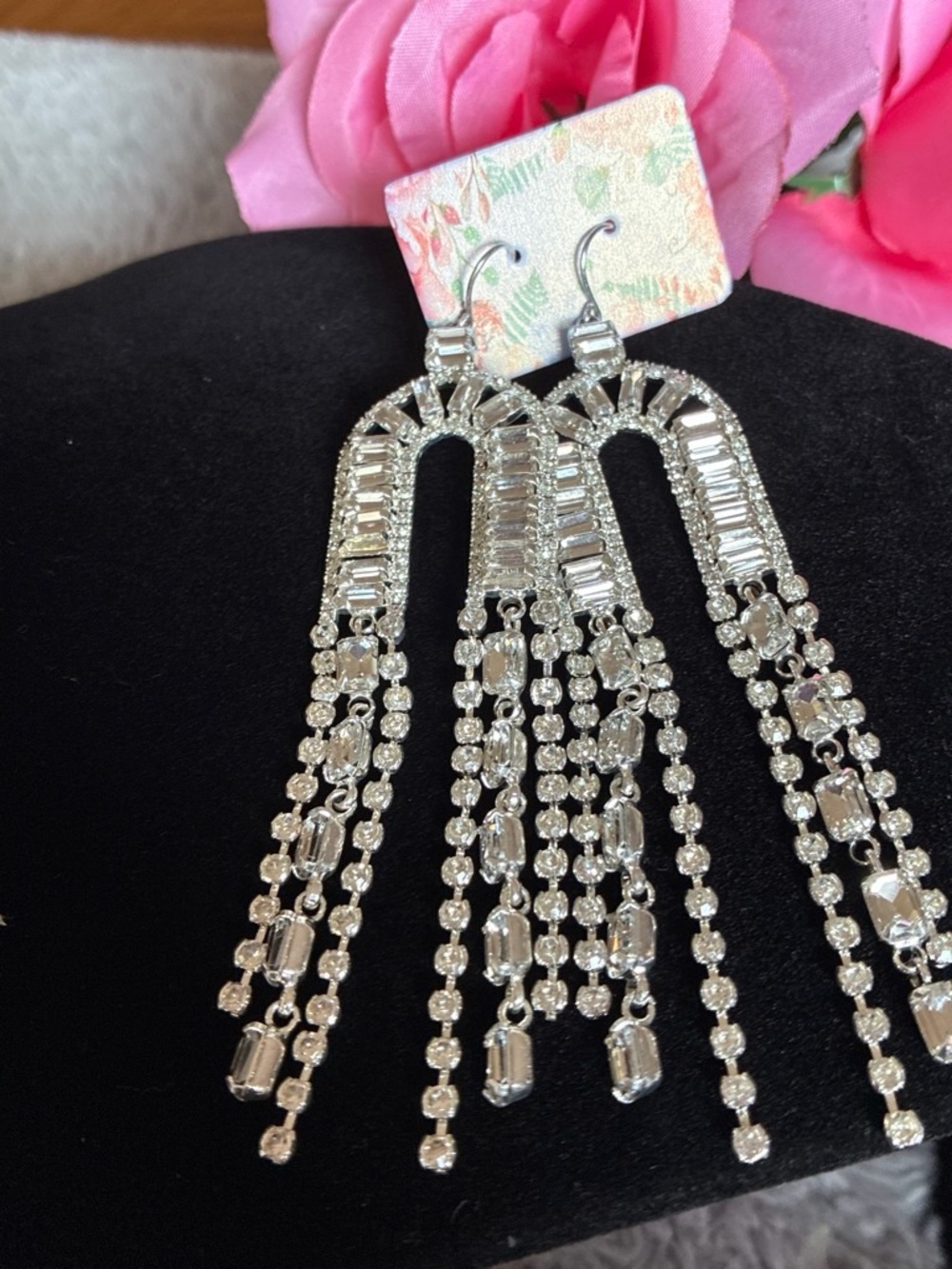 Silver Crystal Fringe Drop Earrings